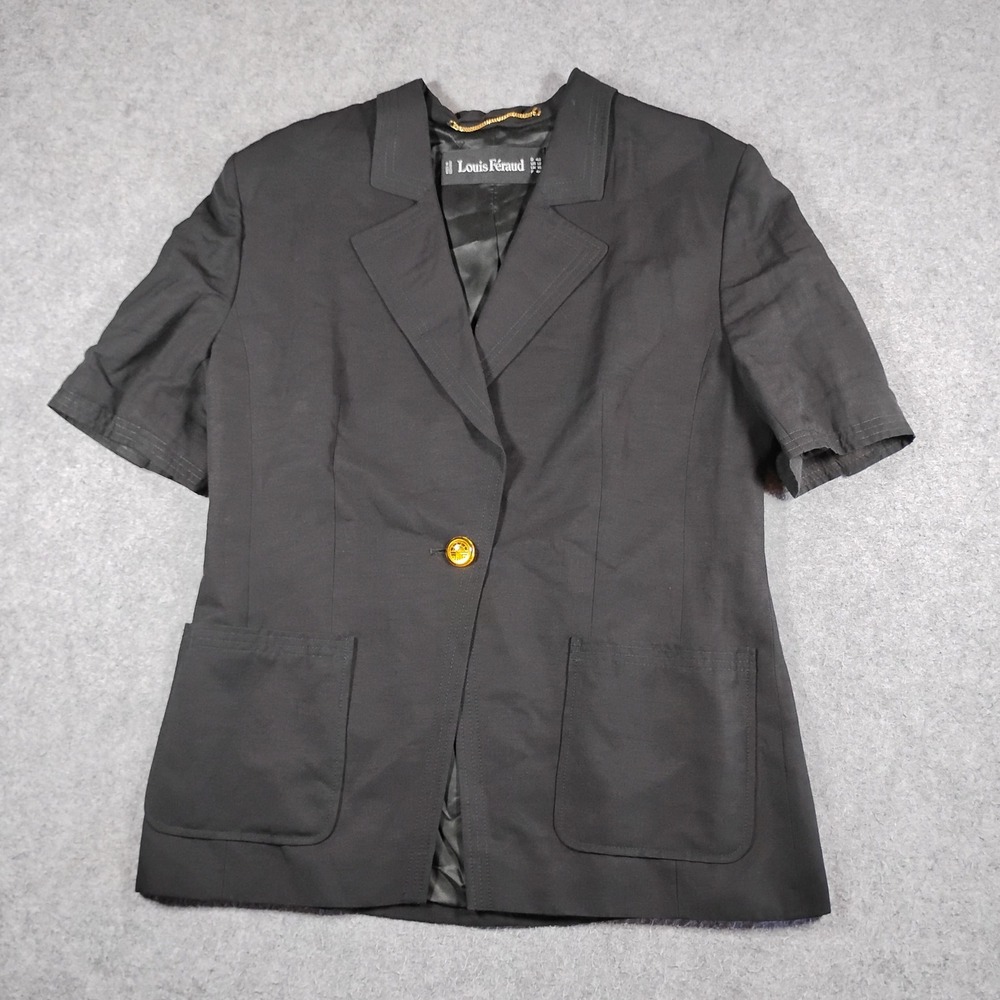 Louis Féraud Vintage Short Sleeve Blazer Jacket Womens Size 12 Black Linen Blend
